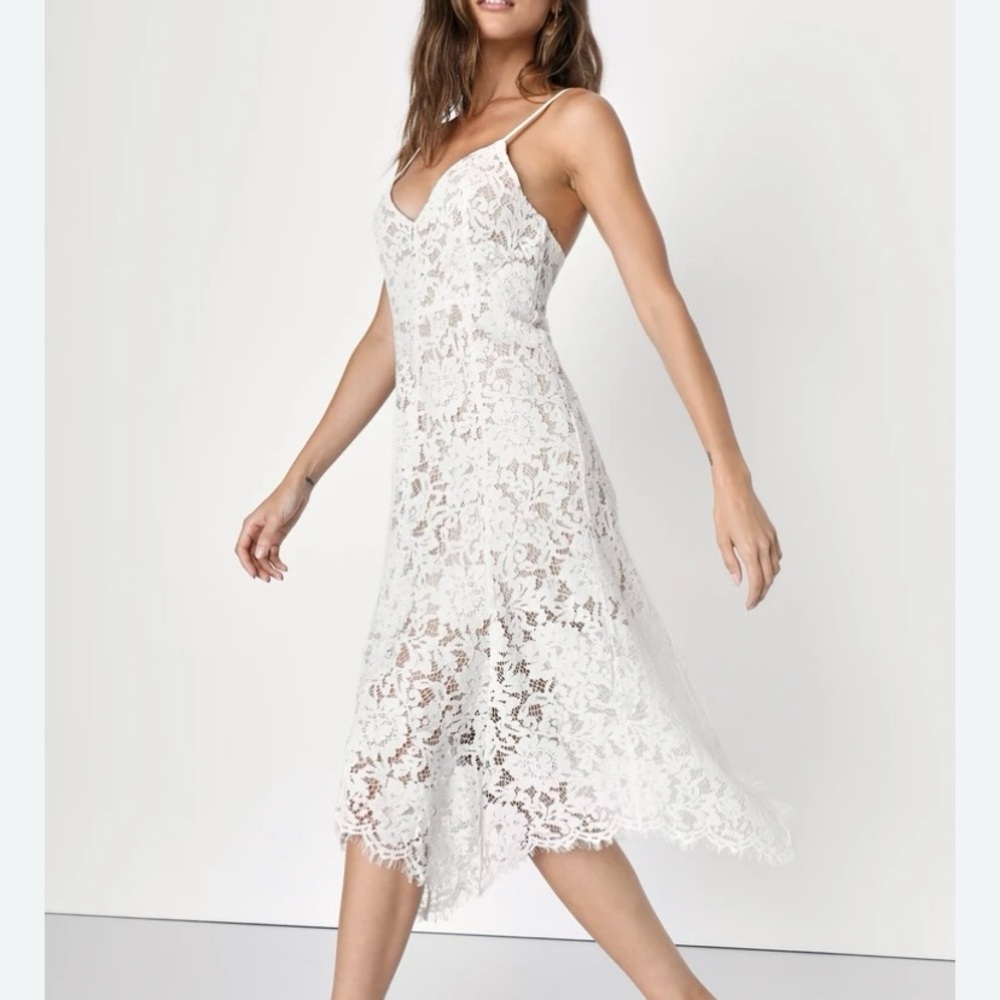 Lulus white lace midi dress.